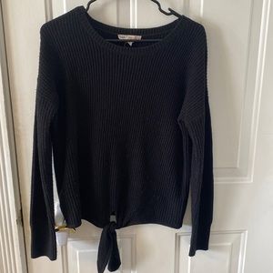 women’s black, long sleeve sweater, front waist tie